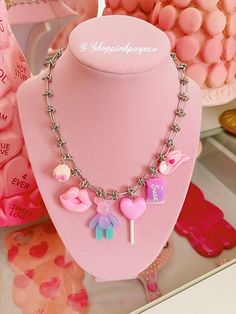 "Sweets love chain charms handmade necklace, includes 5 charms that you will absolutely love. Pink macaron, pink lips, colorful teddy bear, love me lollipop, sweet candy, pink heart hat charms, they are all so girly and stunning. This necklace is so adorable for Valentine's Day & would also be a great gift for the ones you love.  Measurements.  17.7\" Follow my shop to be notified of new releases & exclusive discounts.  Have a blessed day." Single Charm Necklace, Dopamine Jewelry, Handmade Necklace Tutorial, Hat Charms, Preppy Accessories, Bear Love, Cherry Necklace, Claw Necklace, Candy Jewelry