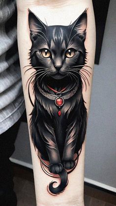 a black cat tattoo on the right arm and leg, with an evil look to it's eyes