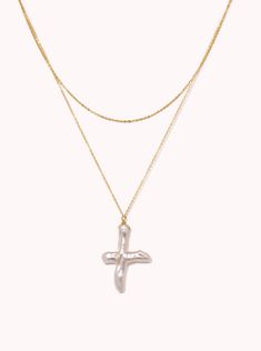 Gloria Pearl Cross Gold Cross Necklace With Pearl Charm, Elegant Gold Cross Necklace With Pearl Pendant, Elegant Gold Cross Pearl Necklace, Gold Cross Pearl Necklace, Pearl Cross Necklace, Layered Necklaces Silver, Gold Filled Necklace, Jewelry Accessories Ideas, Pearl Design