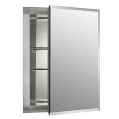 an empty medicine cabinet with two doors and no mirror on the front, against a white background