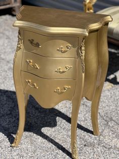 Vintage Real Solid Wood Chest of Drawers small commode painted in gold paint- pictures were taken on a bright sunny day W 21" x Depth 12" and Height of 30" Nightstand Gold, Gold Nightstand, Painted Chest Of Drawers, Dresser Diy, Wood Chest Of Drawers, Nightstand Dresser, Paint Pictures, Gold Side Table, Gold Dresser