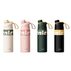 thermos bottles are lined up in different colors