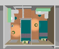 an overhead view of a bathroom with green doors