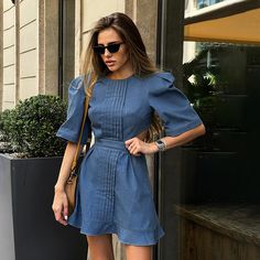 F00192916-104 Elegant Mini Dress, Marine Uniform, Womens Denim Dress, Denim Short Dresses, Cool Summer Outfits, High Street Fashion, Retro Blue, Puff Sleeve Dress, Vestidos Vintage