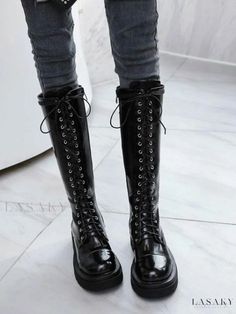 Lasaky - Professional Product Title: Womens Black Leather Mid Calf Boots with Adjustable Front Strap and Round Toe Leather Mid Calf Boots, Pu Boots, Summer Heels, Stylish Women Fashion, Stiletto Boots, Womens Mid Calf Boots, Calf Boots, Mid Calf Boots, Olivia Mark