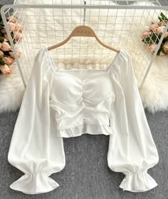 Design High Waist Retro Shirt Top White Top Fancy, Fancy Top Outfits, Unique Tops For Women Fashion, Fitted Chiffon Tops For Work, Long Sleeve Chiffon Shirt For Summer, Chic Summer Blouse With Lantern Sleeves, Long Sleeve Chiffon Shirt For Spring, Chiffon Long Sleeve Shirt For Spring, Elegant Long Sleeve Chiffon Shirt