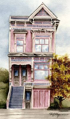 a watercolor painting of a pink house with stairs and trees in the front yard