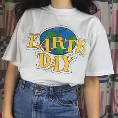 Earth Day T-shirt 90s Slogan Cotton T-shirt, Casual Graphic Print Shirt For Earth Day, Relaxed Fit Letter Print Tops For Earth Day, Casual Shirt With Graphic Print For Earth Day, Earth Day Graphic Print Crew Neck Shirt, Casual Screen Print Tops For Earth Day, Casual Tops With Earth Day Screen Print, White Screen Print Top For Earth Day, Casual Text Print Tops For Earth Day