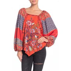 Flaunt Your Boho-Chic Vibes In This Airy Billow-Sleeve Blouse Designed In A Patchwork Of Fanciful Prints. Square Neck Long Billow Sleeves With Elasticized Cuffs Allover Print Approx. 26" Length (Size S) Fiber Content Polyester 100% Polyester Machine Wash Cold Tumble Dry Low Low Iron, May Be Dry Cleaned Model's Stats For Sizing: - Height: 5'10" - Bust: 34" - Waist: 24" - Hips: 35" Model Is Wearing Size S. 1896 Bohemian Multicolor Tops With Blouson Sleeves, Spring Red Blouse With Blouson Sleeves, Fall Floral Print Red Peasant Top, Red Floral Print Peasant Top For Fall, Red Long Sleeve Blouse With Blouson Sleeves, Red Blouse With Blouson Long Sleeves, Red Long-sleeve Peasant Top For Spring, Red Peasant Top For Fall, Printed Peasant Blouse For Fall