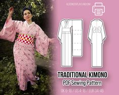 Makes a traditional kimono or yukata using Japanese techniques. It includes instructions to make it a male or a female kimono as well as different sleeve lengths and 3 styles of obi (sash). It comes with several sizes and lengths to choose from. With this pattern you can make your own Japanese outfit, costume or cosplay, or want a sewing challenge.  Perfect for those who have no time to make their own patterns but would like to create their own clothes in an easy way.  Perfect match for a cospla Japanese Yukata Women, Easy Kimono Pattern, Kimono Pattern Sewing, Patron Kimono, Kimono Pattern Design, Female Kimono, Yukata Women, Kimono Patterns, Yukata Pattern