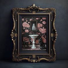 a black and white cat sitting in front of a mirror next to a pedestal sink