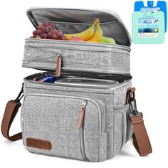 two cooler bags filled with fruit and water on top of each other in front of a white background