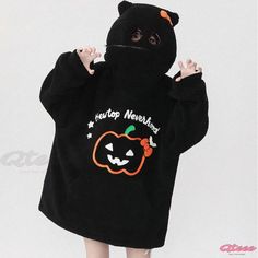 Qteee - Kitty Ears Plush Hoodie with Pumpkin Letter Embroidery and Pocket Cute Black Hooded Top, Plush Hoodie, Letter Embroidery, Winter Color, Winter Colors, Color Orange, Orange Color, Season Spring, Wardrobe Essentials