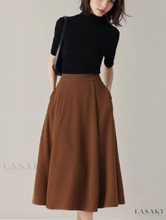 Lasaky - Coffee-toned High-waisted A-line Midi Skirt with Slim Fit and Pleated Hem Affordable Outfits, Fitted Midi Skirt, School Clothing, Midi Skirt Outfit, Retro Coffee, Skirt Casual, Midi Flare Skirt, Brown Skirt, Brown Outfit