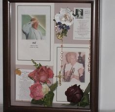 a framed photo with flowers and pictures on the wall next to a key, chain, and rosary