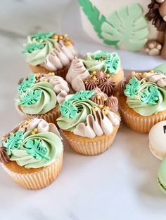 several cupcakes with green frosting and decorations