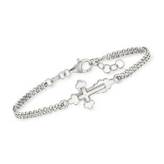 Ross-Simons - Italian Sterling Silver Cross Bracelet. 6.5". Let your faith shine brightly with this beautiful bracelet. A polished sterling silver cross is stationed sideways along a double rolo chain with a 1/2" extender. Made in Italy. Lobster clasp, sterling silver cross bracelet. Yellow Gold Cross Necklace, Silver Cross Bracelet, Jewelry Presentation, Sterling Silver Cross Necklace, Gold Cross Necklace, Gold Cross Pendant, Cross Bracelet, Fine Jewelry Bracelets, Sterling Silver Cross