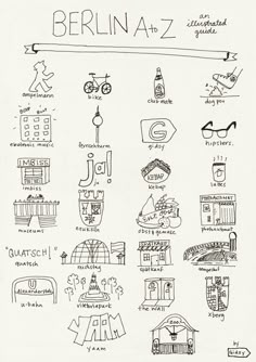 a black and white drawing of different types of things to see in berlin, germany