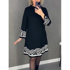 Season:Fall,Spring; Fabric:Polyester; Sleeve Length:Long Sleeve; Look After Me:Machine wash; Gender:Women's; Style:Fashion,Modern; Elasticity:Micro-elastic; Occasion:Workfashion; Fit Type:Loose Fit; Dresses Type:A Line Dress; Pattern:Geometric; Design:Print; Neckline:Stand Collar; Front page:FF; Listing Date:08/23/2024; Dress Length Type:Midi Dress; Print Type:Print Black Dress A Line, Black Dresses Online, Loose Black Dress, Xxxl Dress, Flare Long Sleeve, Mini Dresses Online, Midi Dress Casual, Line Dress, Fashion Mode