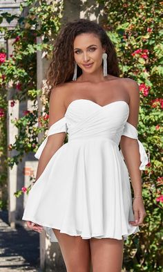 Short a-line off the shoulder party dress with sweetheart neckline. Strapless Bridesmaid Mini Dress For Summer, Flirty Strapless Mini Dress For Bridesmaids, Flirty Mini Strapless Dress For Bridesmaid, Off-shoulder Mini Dress For Prom Season, Off-shoulder Mini Dress For Prom And Party Season, Fitted Off-shoulder Mini Dress For Homecoming, Off-shoulder Mini Dress For Prom, Chic Off-shoulder Mini Dress For Homecoming, White Strapless Off Shoulder Flirty Dress