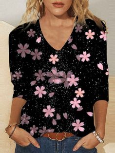 Womens Pink Floral Print Black T-Shirts Light Weight V-Neck Long Sleeve Tops S-5XL Pink Printed V-neck T-shirt, Black Printed V-neck Top, Black T-shirt With Floral Print For Fall, Black Long Sleeve Floral Print T-shirt, Black V-neck T-shirt With Graphic Print, Casual Black V-neck Top For Fall, Black Graphic Print V-neck Top, Black V-neck Top For Spring, Black V-neck T-shirt For Spring