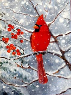 a painting of a cardinal perched on a tree branch in the snow with red berries