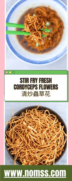 an advertisement for star fry fresh cordypes flowers with chopsticks in it