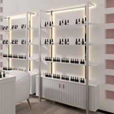 a room filled with lots of shelves and bottles on the wall next to each other