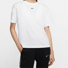 AS W NSW ESSNTL Top SS BF WHITE BLACK CT2588-100 Nike White Tops For Gym, White Nike Tops For Gym, Nike White Sports Top, Nike White Athleisure Top, White Nike Athleisure Top, White Nike Athleisure Activewear, White Crew Neck Activewear For Workout, Nike White T-shirt For Workout, White Nike T-shirt For Workout