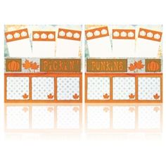 the front and back side of a pumpkin themed business card holder with flags on it