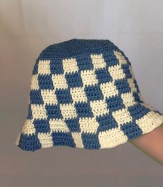 Checkered Bucket Hat Crochet Handmade Vintage Fashion | Etsy 日本 Knitted Summer Cap, One Size Blue Bucket Hat For Vacation, Blue One Size Bucket Hat For Vacation, Blue One-size Spring Crochet Hat, Cute Cotton Bucket Hat For Vacation, Fun Cotton Beanie Hat, Playful Cotton Beach Hat, Fun Cotton Beach Hats, Retro Blue Bucket Hat For Summer