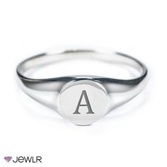 This classic style signet ring is can be worn on the pinky ring finger, on its own or layered with a curved band ring to create a unique layered look. Personalize this ring by engraving an initial in the center of the circle, and customize it in sterling silver or 10k gold. Classic Stackable Initial Open Ring, Elegant Sterling Silver Stackable Signet Ring, Elegant Stackable Sterling Silver Signet Ring, Classic Adjustable Stackable Rings With Initials, Elegant Adjustable Initial Ring With Polished Finish, Adjustable Initial Ring With Polished Finish For Promise, Classic Adjustable Initial Open Ring, Modern Personalized Round Band Jewelry, Formal Sterling Silver Stackable Engraved Ring