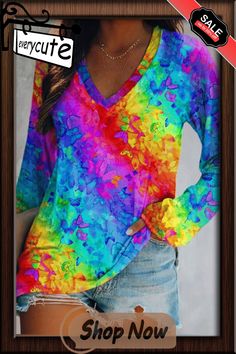 Casual Long Sleeve V Neck Plus Size Printed Tops T-shirts Casual Multicolor Print V-neck T-shirt, Multicolor Print V-neck Top For Fall, Casual Multicolor Print T-shirt For Spring, Colorful Crew Neck Top For Fall, Multicolor Long Sleeve T-shirt For Summer, Trendy Multicolor Top With Sublimation Print, Colorful Printed Casual T-shirt, Casual Long Sleeve T-shirt With Sublimation Print, Colorful Printed Casual Tops