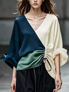 Long Sleeves Loose Color-Block Contrast Drawstring Elastic V-Neck Blouses & Shirts Tops Bracelet Sleeve, Loose Fit Blouse, Half Sleeve Tops, Elegant Blouses, Blouse Material, Career Wear, Comfortable Room, Chiffon Shirt, V Neck Blouse