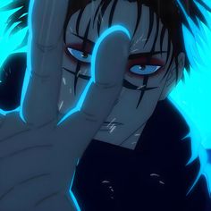 an anime character holding his hand up in front of the camera with blue light behind him