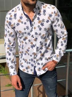 Slim-Fit Patterned Shirt white-baagr.myshopify.com-Shirt-BOJONI White Floral Shirt, Printed Garments, Oversize Tshirt Outfits, Gray Plaid Shirt, Nice Shirts, Casual Blouse Shirts, Beige Shirt, Plaid Shirt Men, Patterned Shirt