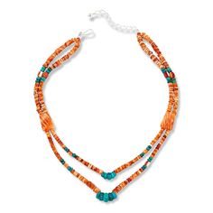 Jay King Spiny Oyster Shell and Turquoise Bead 2-Row Necklace  Vivid colors of orange, red and blue, together in a two-strand design, give this handcrafted gemstone bead necklace a fun, festive vibe that's sure to set the tone for stylish, summertime pursuits. From Jay King.       Approx. 18"L x 1-1/16"W with 2-3/4" extender     Stamped .925     Hook closure     Necklace has two strands of orange, red and white spiny oyster shell beads     Two freeform orange shell stations on sides     Blue-green turquoise bead accents throughout   Stone Information       All sizes and weights approximate     Orange-Red-White Spiny Oyster Shell - Disc (4-6mm), nugget (4x6mm to 5x8mm), freeform (14x20mm); harvested in Mexico     Stabilized Azure Peaks Turquoise - Freeform (6-10mm), disc (4x3mm to 5x3mm); m Southwestern Orange Round Bead Necklaces, Southwestern Style Orange Jewelry With Colorful Beads, Bohemian Orange Double Strand Jewelry, Southwestern Orange Jewelry With Colorful Beads, Southwestern Orange Round Beads Necklace, Turquoise Hand-strung Beaded Necklaces For Jewelry Making, Southwestern Orange Round Beads Jewelry, Handmade Multi-strand Turquoise Beaded Necklaces, Southwestern Orange Round Bead Jewelry