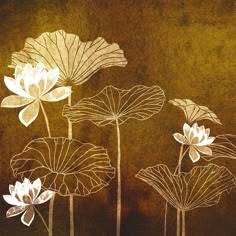 three white flowers are in front of a brown background with gold foiling on it