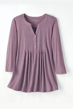 Our pintucked knit A-line tunic offers favorite henley styling with a notched "V" at the neck and contrasting metal buttons. A-line silhouette with fine pintucks in front and soft shirring under the back yoke. Imported. Pintuck Tops For Daywear In Fall, Fall Daywear Tops With Pintucks, Fall Tops With Pintucks For Daywear, Pleated Tops For Daywear In Fall, Fall Split Neck Tunic, Casual Button-up Tops With Pintucks, Casual Pleated V-neck Tops, Casual Long Sleeve Top With Pintucks, Casual Pleated Tops For Daywear