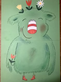 a drawing of a green bear with flowers on its head and chest, in front of a green background