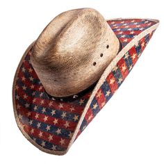 If you love this country, you'll love this Patriot hat! A straw cowboy hat with stars and stripes on the brim with a tasteful black and brown hatband. Also has silver pieces on the hatband Country Style Hat For Country Concerts, Western Style Sun Hat For Rodeo, Western Style Straw Cap For Country Events, Rustic Hat For Kentucky Derby And Country Events, Rustic Hats For Country Events And Kentucky Derby, Americana Rodeo Hat With Curved Brim, Americana Curved Brim Hat For Rodeo, Americana Style Curved Brim Hat For Rodeo, Curved Brim Hats For Country Festivals