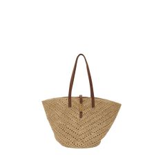 Saint Laurent "Panier" tote bag in raffia  Flat shoulder straps  Golden hardware Open top with center YSL strap  Structured bottom of bag  Approx. 8.3"H x 17.3"W x 7.9D Imported Ysl Tote Bag, Ysl Tote, Open Top, Bergdorf Goodman, Shoulder Straps, Saint Laurent, Tops Designs, Tote Bag, Shoulder Strap