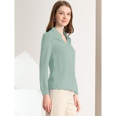 This shirt is elegant and charming for workwear or a day-to-night look, with a cut-out v-neck and unique shoulder details. No-see-through chiffon fabric and stylish v-neck make it a perfect choice for work, office, and daily wear. Pair this work office shirt with a pencil skirt, work pants, or casual jeans. The return of a classic, this button-up shirt is cut from in a chiffon sateen in an always flattering fit-and-flare silhouette. Model Body Size: Height: 5'9", Chest: 33 inches, Waist: 24 inch Satin Button Down Shirt, The Office Shirts, Satin Blouses, Satin Blouse, Chiffon Blouse, Shop Blouses, Work Pants, Night Looks, Model Body