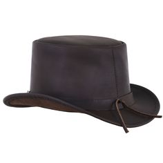 This Brown Cowhide Leather El-Dorado Top Hat is a stylish accessory that will elevate any outfit. The high-quality leather construction ensures durability, while the buffalo nickel band adds a touch of elegance and sophistication. Perfect for formal events or everyday wear, this top hat is sure to turn heads. Made from high-quality Cowhide Leather Bold Buffalo nickel style band Crown height: 4.5 inches Brim width: 2 inches (approx.) Brown color for a stylish and timeless look Full-grain and smoo Classic Brown Hat With Waxed Finish, Distressed Brown Leather Brimmed Hat, Vintage Leather Hat For Western-themed Events, Vintage Brown Leather Brimmed Hat, Distressed Brown Leather Hats For Country Events, Leather Hats For Country Events In Distressed Brown, Leather Distressed Brown Hats For Country Events, Leather Hat With Flat Crown For Outdoor, Leather Hats For Hunting With Flat Brim