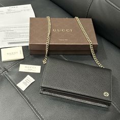 New Full Box Chain Is Removable 7.5 X 4.5 In Gucci Luxury Wallet On Chain With Chain Strap, Classic Gucci Wallet On Chain, Classic Gucci Leather Wallet On Chain, Gucci Leather Wallet On Chain For Formal Use, Gucci Leather Wallet On Chain For Formal Occasions, Gucci Classic Rectangular Wallet On Chain, Classic Gucci Wallet On Chain In Rectangular Shape, Classic Rectangular Gucci Wallet On Chain, Gucci Evening Wallet On Chain With Chain Strap