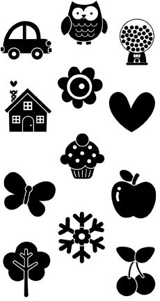 black and white silhouettes of different types of things in the shape of hearts, flowers, trees, houses, cars