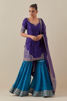 Violet kurta with aari, sequin, zari embroidery. Paired with blue gharara and  violet dupatta. - Aza Fashions Blue Gharara, Raw Silk Embroidery, Kurta Patterns, Zari Embroidery, Silk Organza, Silk Embroidery, Raw Silk, Set For Women, Aza Fashion