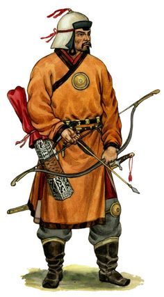 a man in an orange outfit holding a bow and two arrows on his left hand