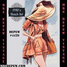 This is a digital draft-at-home pattern for a wonderful, chic, beach set composed of a beach bra top with bust gathers, shorts, and a short sleeve cover Beach Sewing Pattern, French Pattern, Pattern Template, Vintage Dress Patterns, Beach Tops, 1940s Fashion, Moda Vintage, Mode Vintage, Vintage Sewing Patterns