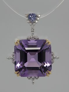 Brighten up your look with precious colours: PS   Diamonds   G/SI   BR   0.101ct/25pc  CS   Amethyst   CUS   7.580ct/1pc  SS   Iolite TRI   0.090ct/1pc Large - approx 8 carats - square amethyst  set in white gold and diamonds with a triangle Iolite.  Classic design, natural high-quality gemstones at very reasonable price. Add an adjustable (45cm max) 18k gold chain if you prefer a complete necklace. Mix and match with other Decouture jewels. Free shipment by Fedex. Decouture is a Collection by Roman Zakharyan.  Long before he began designing jewellery, Roman Zakharyan was held by a fascination with minerals and coloured gems. Aged 30, he moved to Florence to study at the Metallo Nobile Jewellery School, turning his passion into a profession. The Tuscan capital remains as one of the few pla Amethyst Jewelry Necklace, Square Diamond Rings, Goddess Athena, Pendant Designs, Amethyst Set, Edwardian Jewelry, 18k Gold Chain, Silver Bar Necklace, School Jewelry